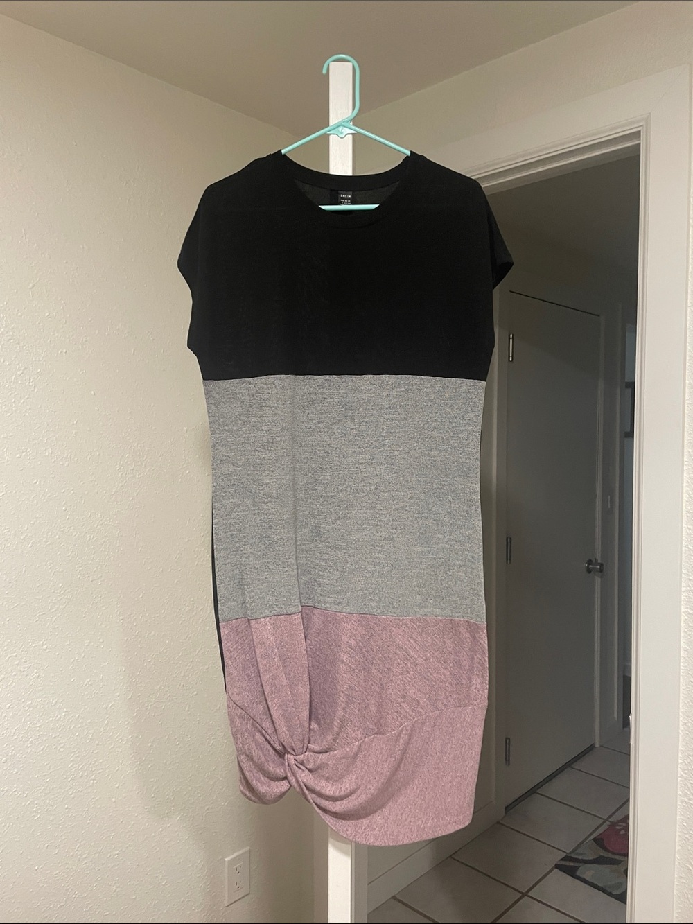 Colorblock Midi Dress with Twist Hem - Black, Gray & Dusty Pink